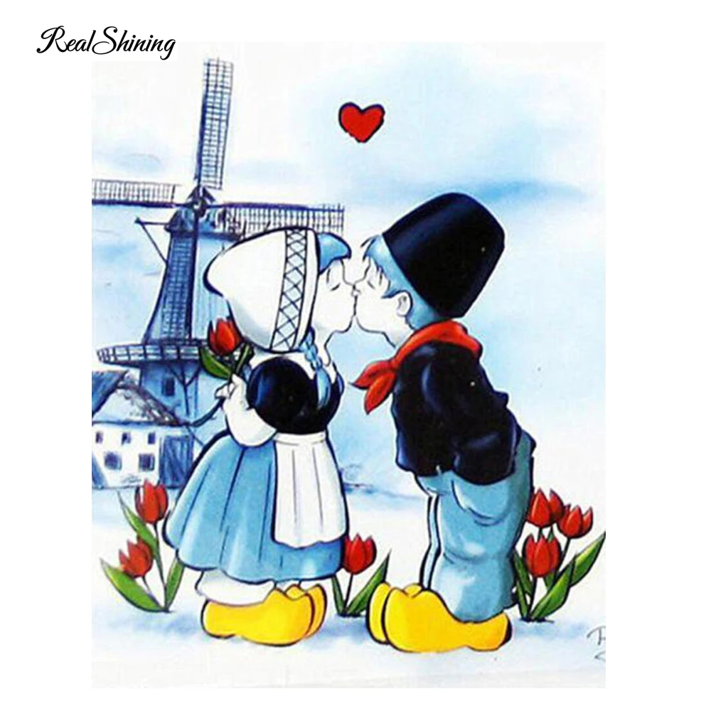 

REALSHINING Diy Diamond Painting Cross Stitch Full Square Crystal Rhinestones Mosaic Diamond Embroidery Cute Kids Kiss DE141