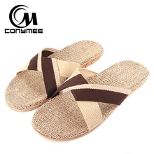 CONYMEE летние мужские сланцы; домашняя обувь на плоской подошве обувь повседневные кроссовки Для мужчин льняные сандалии шлепанцы Hombres большие Размеры