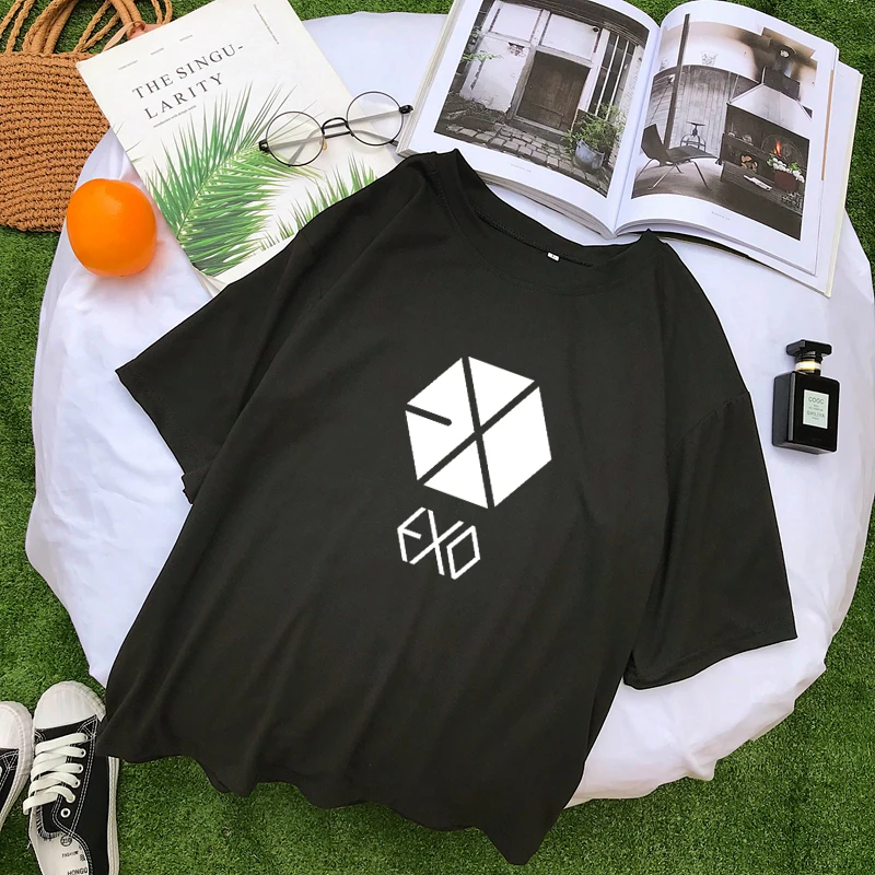 Женская хлопковая Футболка EXO Kpop Повседневная Уличная футболка с короткими