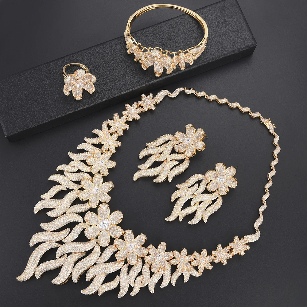 

Luxury Cluster Flower Indian Dubai Collar Necklace Earrings Bangle Ring Fashion Jewelry Set For Women African wedding jewelry