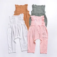 Новые летние комбинезоны для маленьких девочек штаны для девочек из чистого хлопка с подтяжками и рукавами в виде листьев лотоса штаны для детей от 9 месяцев до 3 лет