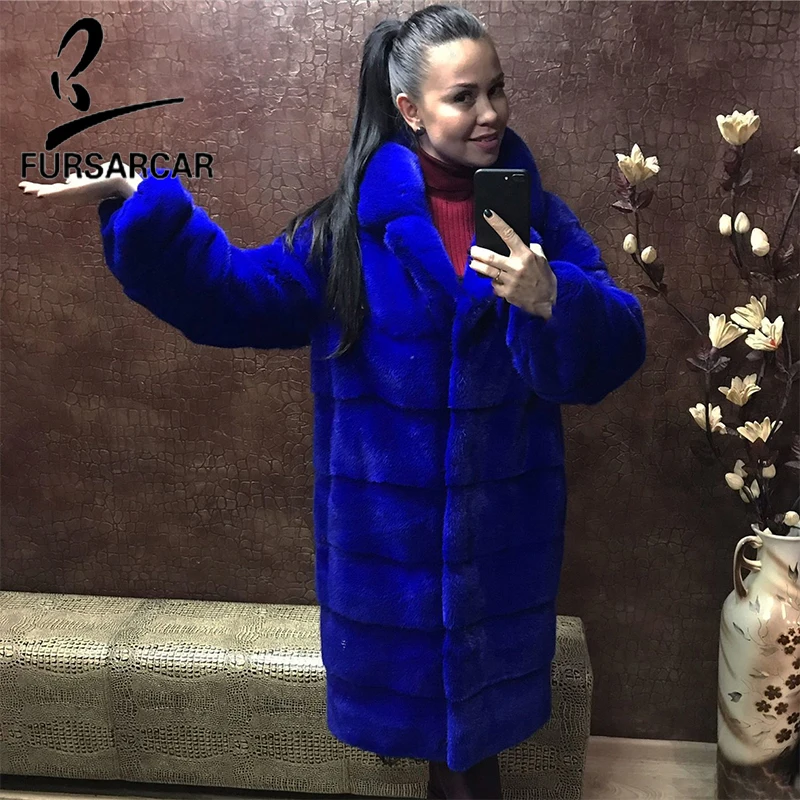 FURSARCAR Diamond темно синий зимний мех норки Для женщин теплые отложным воротником