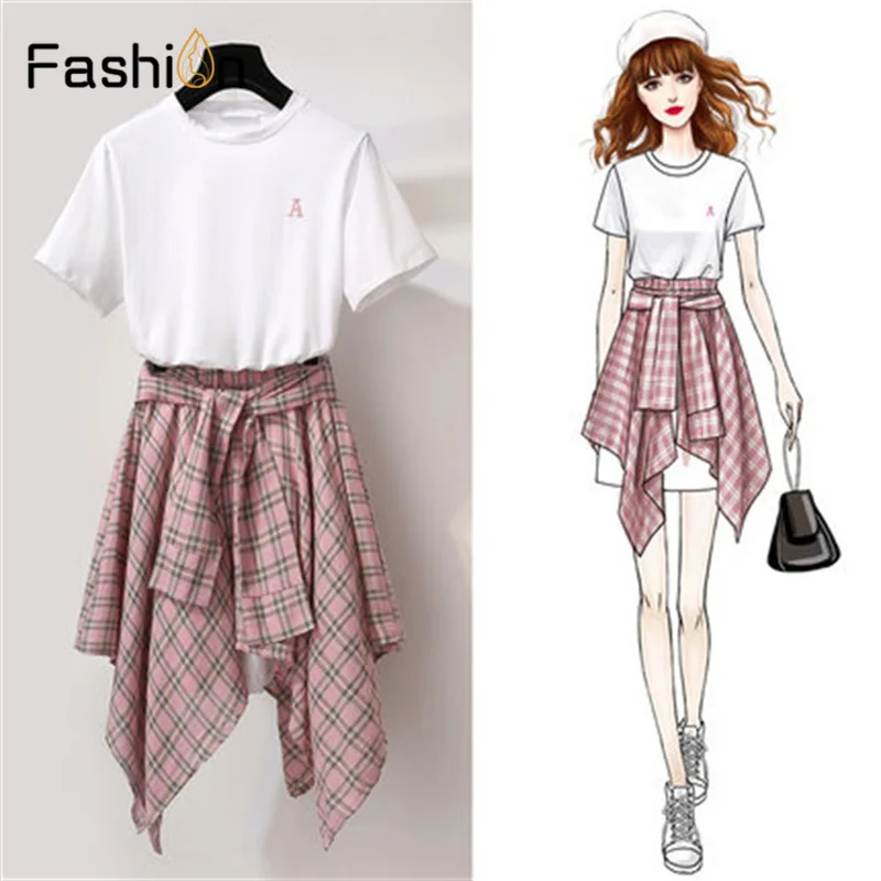 المرأة تي شيرت + تنورة 2 قطعة مجموعة أعلى و التنانير أسود لباس أبيض Bandge منقوشة تنورة اثنين من قطعة مجموعة النساء اثنين من قطعة وتتسابق