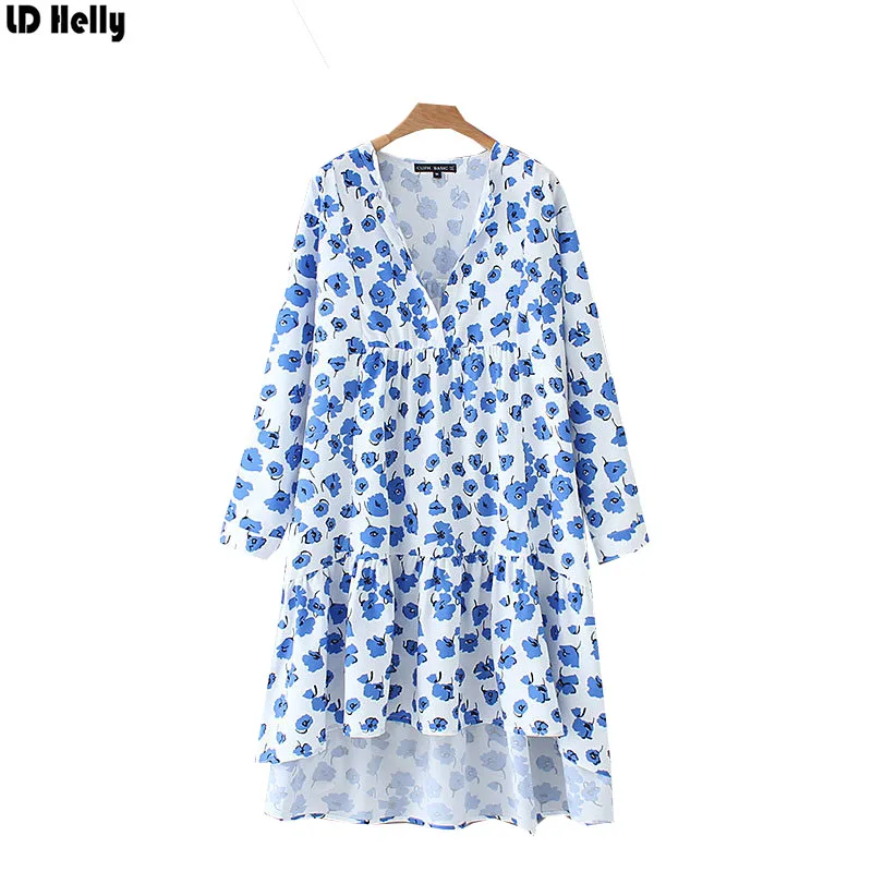 

LD Helly Women Floral Print Irregular Mid-Calf Dress Elegant V neck Long Sleeve Pleated Female Chic Midi Dresses Vestidos