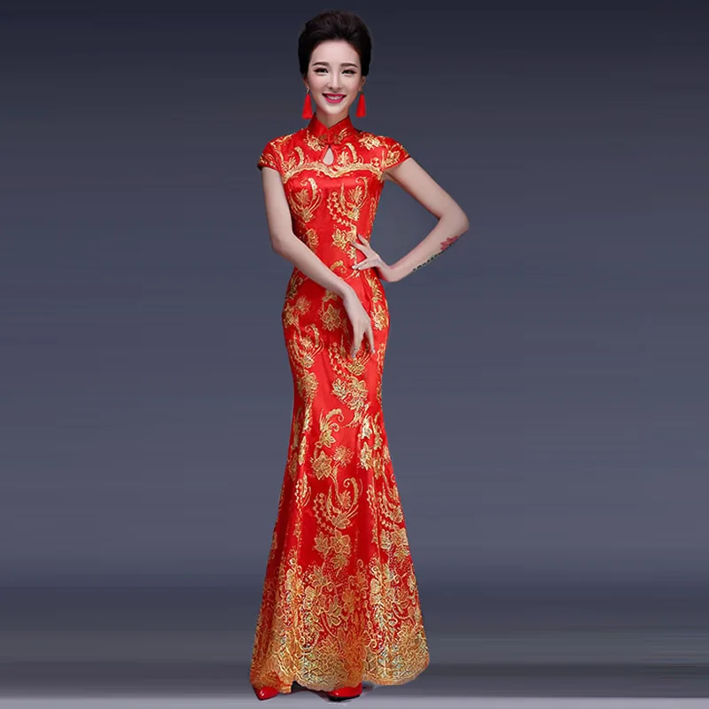 Красный Русалка Вышивка Китайский Вечерние платья Длинные традиционные свадебные Qipao Кружева cheongsam платье Женщины Китай невесты Qi Pao
