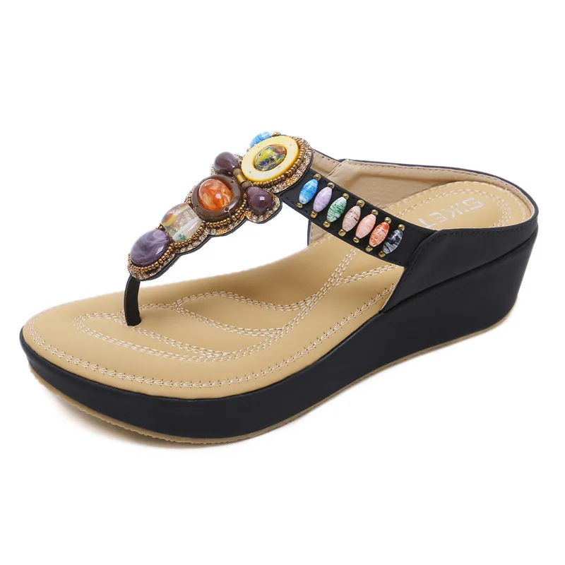 melhor Novas mulheres Boemia Cunhas sapatos sandálias mulher Corda Do Grânulo Decoração de Cristal flip flop sandálias de praia sapatos casuais tamanho 35 42