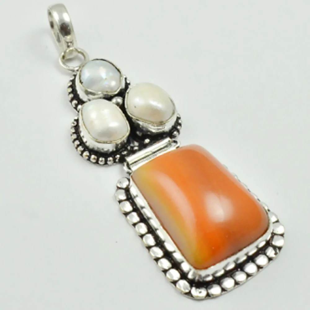 

Botswana Agates & Biwa Pearls Pendant Silver Overlay over Copper , 75 mm, P3060