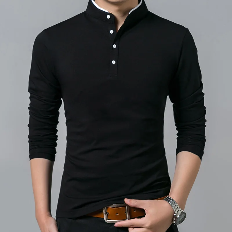 

Full Sleeve Cotton T-Shirt Men Summer 2019 Solid Color Slim Standing collar T-shirts tops tees gym boyfriend gift