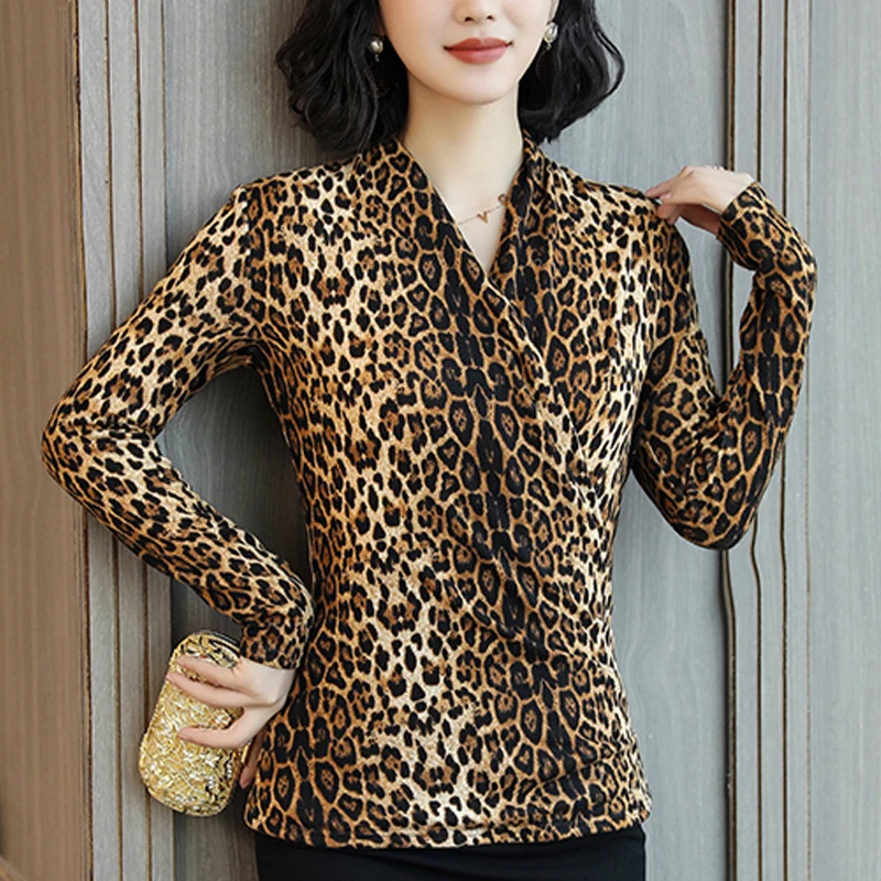 

Leopard Print Wrap Women Tops Blouses 2019 spring Deep V Neck Blouse Women Long Sleeve Casual Pullovers Blouses Plus Size 126F