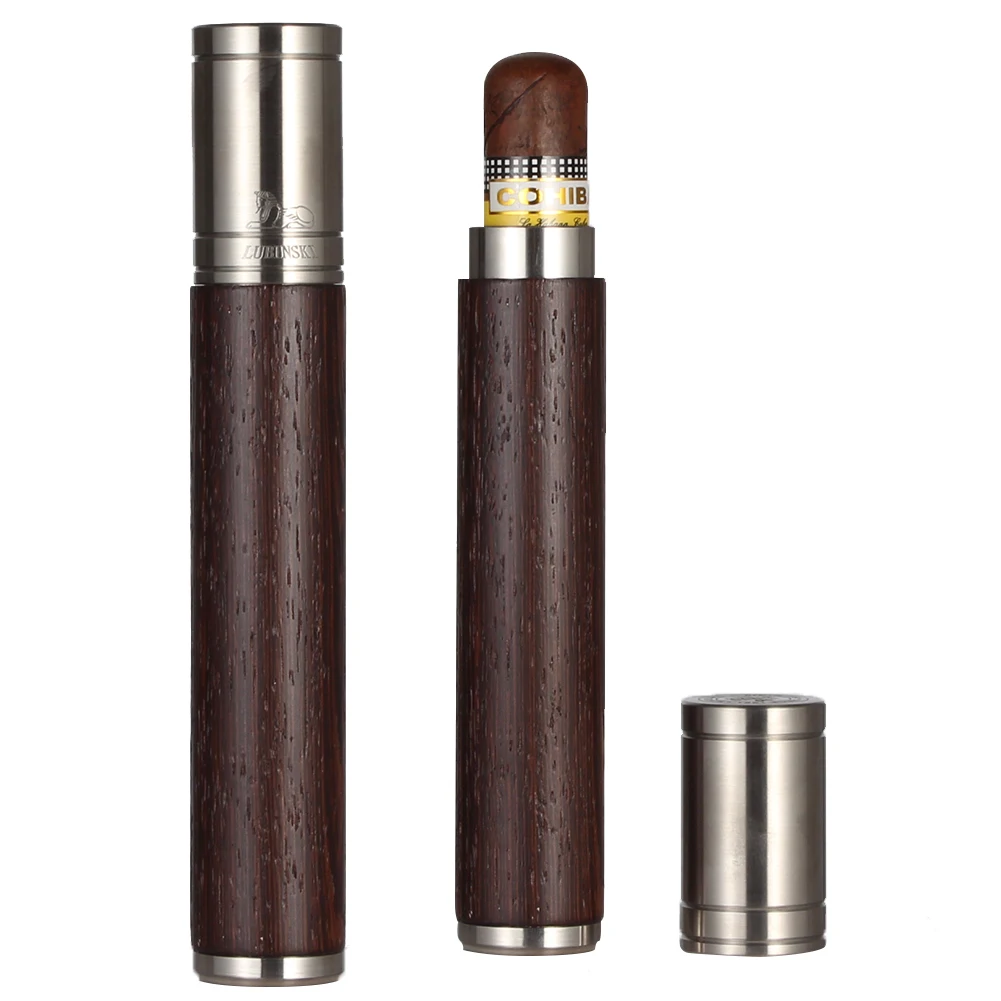 

LUBINSKI Portable Single Cigar Tube Outdoor Mini Humidor Metal Wood Cigar Case Accessories with Black Gift Box