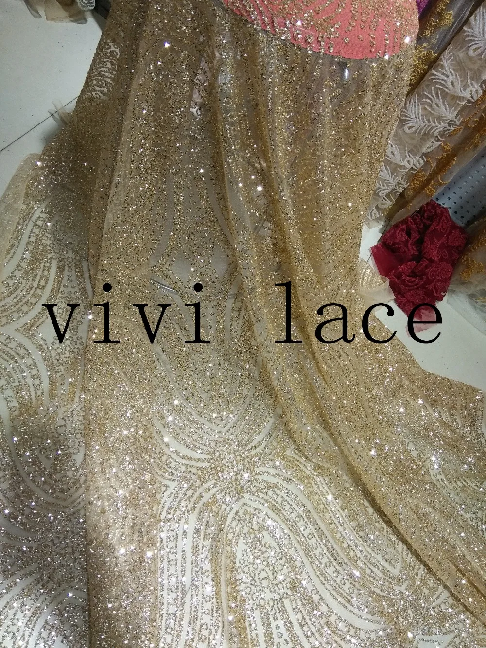 

stock F536 champagne gold hand print glued glitter powder mesh tulle lace for party / evening dress/stage,by dhl