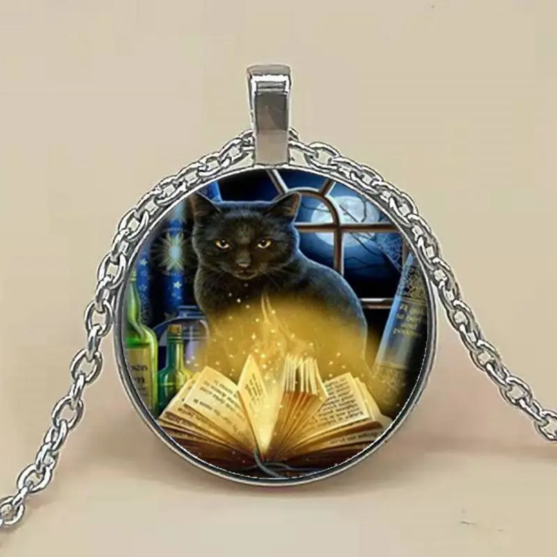 

Necklace Wicca Cat Photo Tibet Silver Cabochon Glass Pendant Chain Necklace