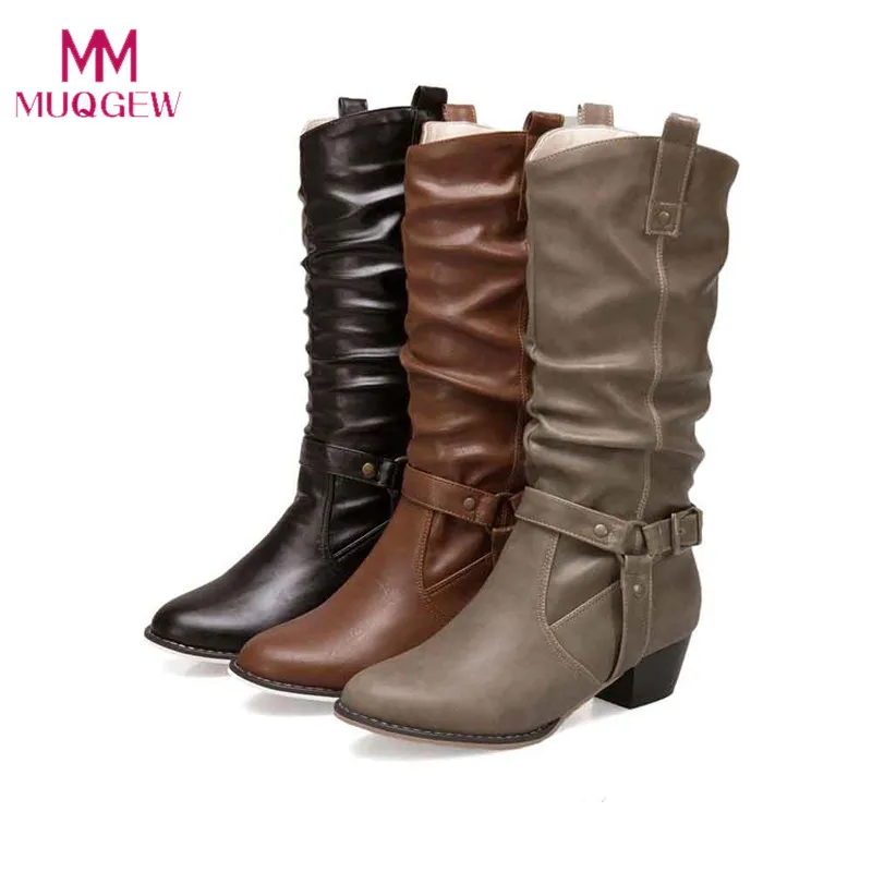 

Hot sale winter zapatos de mujer boots women Mid Heel Solid Color Knee High winter boots women Non-slip Artificial Leather Booti