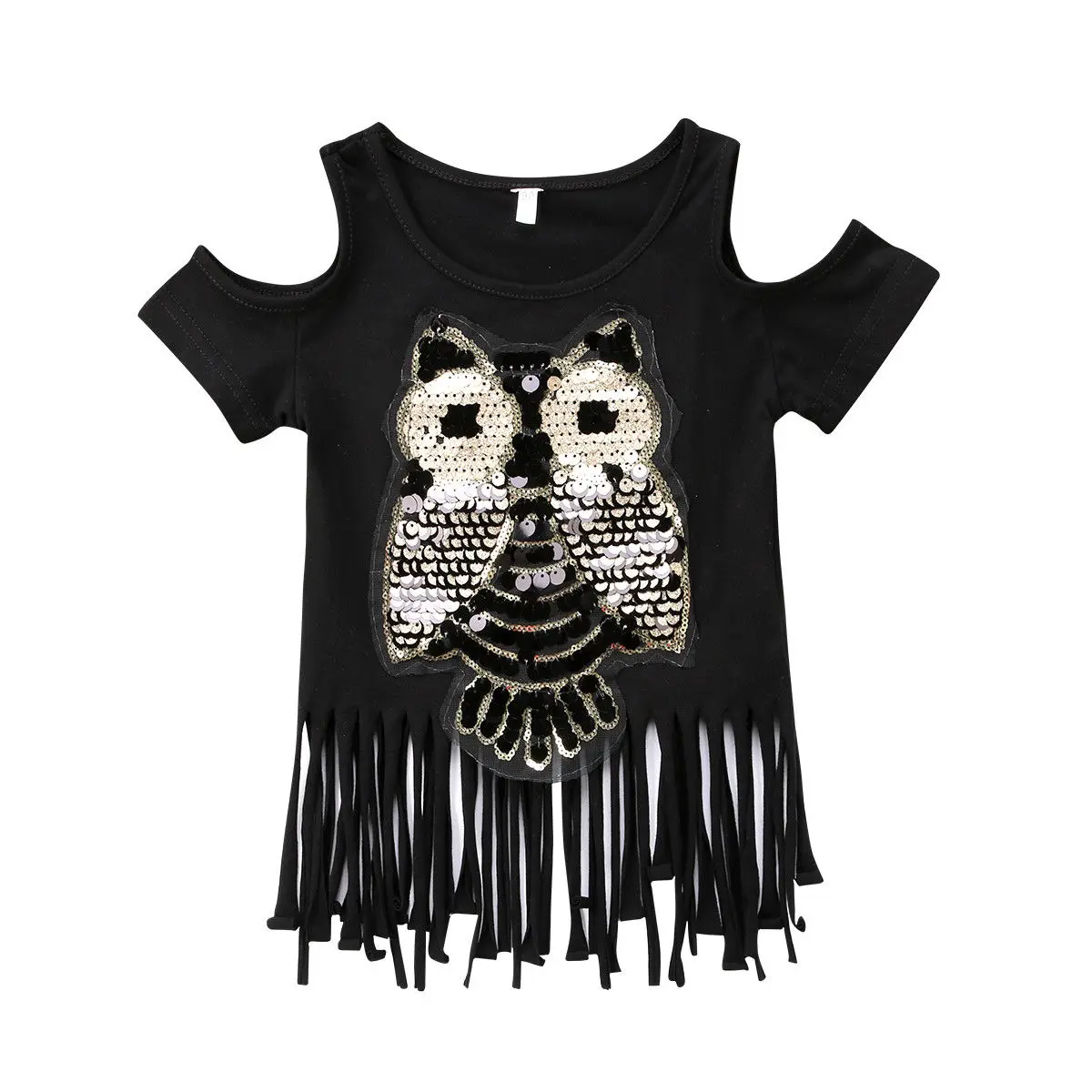 

Sequins Owl Patched Tops Summer T shirt Toddler Kids Baby Girl Tassel T-shirt Cotton Clothes