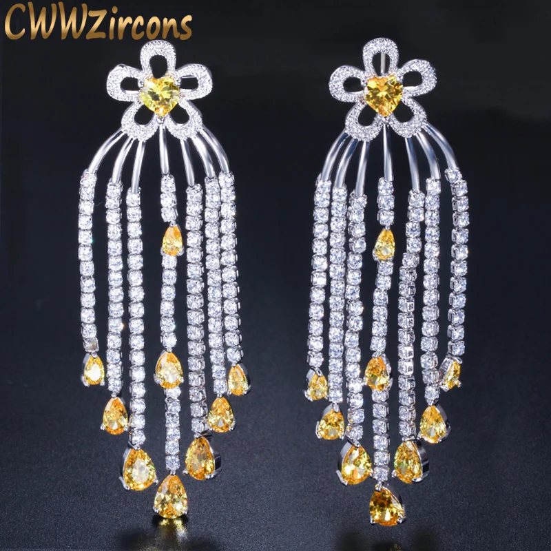 

CWWZircons Luxurious Long Dangling Tassel Design Yellow Cubic Zirconia Crystal Eardrop Earring Jewelry for Women CZ169