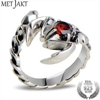 

MetJakt Vintage Garnet Scorpion Open Rings Solid 925 Sterling Silver Vintage Thai Silver Ring for Men's Punk Rock Jewelry