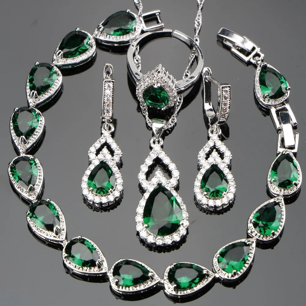 

Wedding Green Stones White CZ Silver 925 Women Bridal Jewelry Sets Adjustable Size Rings Earrings Necklace Set Free Gfit Box