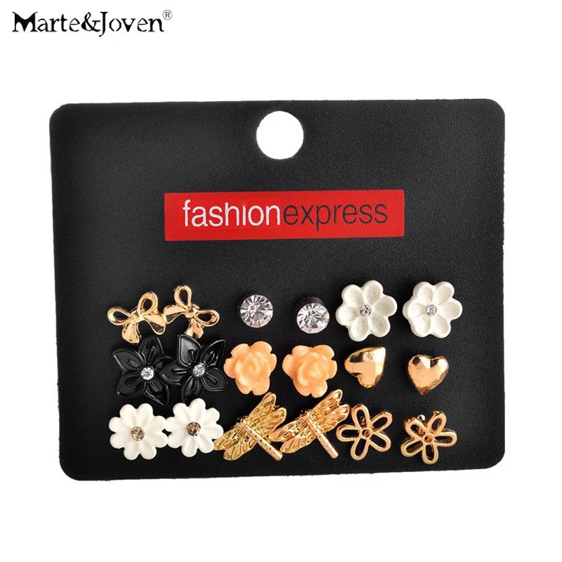 Marte& Joven Стиль сплав эмаль бабочки стрекозы и смолы цветок 9 пар Смешанные Серьги гвоздики наборы для женщин