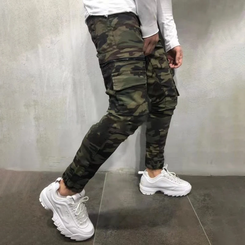 

2019 hot sale men's fashion camouflage printed tether belt casual feet pants male streetwear trousers