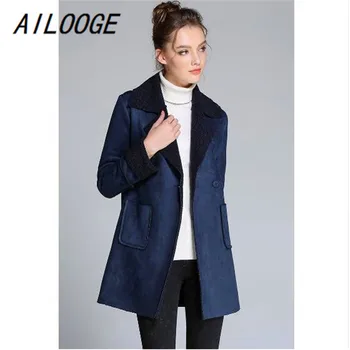 

AILOOGE AILOOGE 5XL plus size elegant faux suede new winter 2018 long blazer coat women big size blue office jacket slim