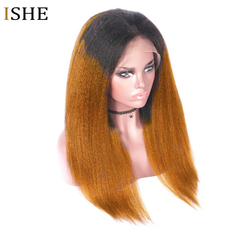 

Ombre Italian Yaki Kinky Straight Lace Front Human Hair Wigs 13x6 Deep Part Remy Hair Preplucked Wigs For Women Black Full End
