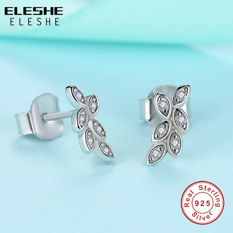 ELESHE Shiny 925 Sterling Silver Crystal Earrings Cubic Zirconia Leaf Stud Earrings Wedding Jewelry for Women