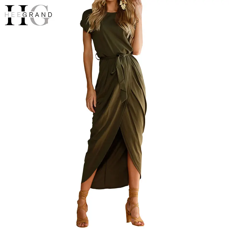 

HEE GRAND Women O-Neck Short Sleeve Sashes Dress 2018 New Arrival Sexy High Split Solid Long Dresses Causal Empire Dress WQS2186