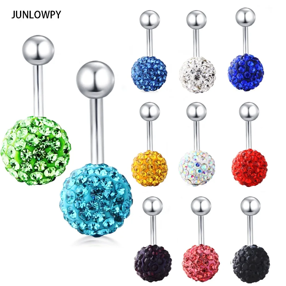 

JUNLOWPY Piercing Navel mix 10 color 30pcs/lot 10mm Crystal Disco Ball Belly Ring Button Navel bar 1Body Jewelry
