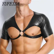 Мужская сексуальная Открытая грудь облегающий Топ искусственная кожа черный PU короткий рукав топы для мужчин