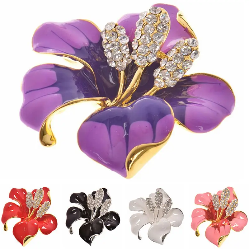 

Trendy Rhinestone Crystal Lily Flower Brooches Rose Red Metal Brooch Jewelry For Women Friend Gift