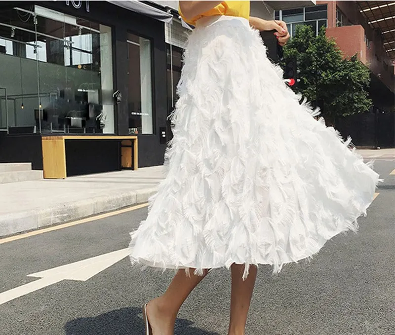 Fashion 2019 Summer Women Casual Feather Appliques Midi Skirt Sweet High Waist Patchwork Solid A Line Skirts Fashion 2019 Summer Women Casual Feather Appliques Midi Skirt Sweet High Waist Patchwork Solid A Line Skirts