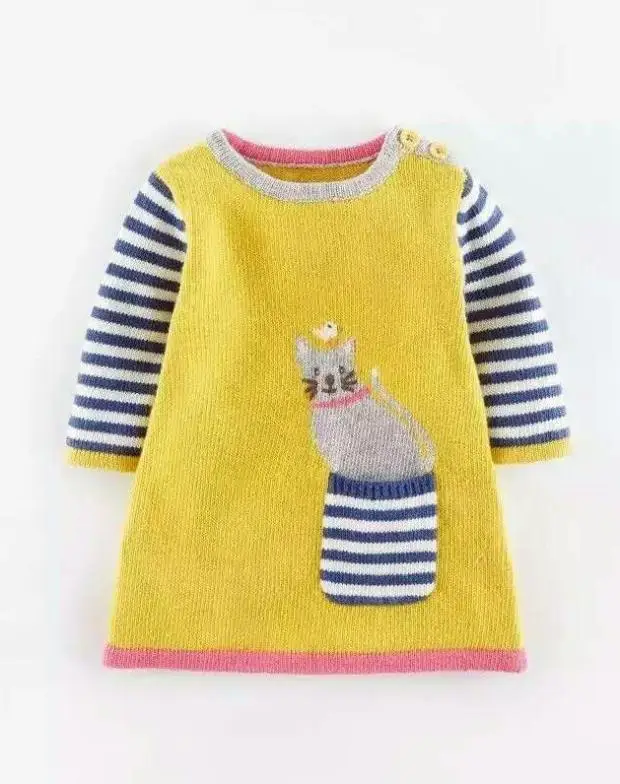 New High quality Cotton Girls Dress Exquisite embroidered bow Cartoon cat dresses Girls Autumn Sweater dress