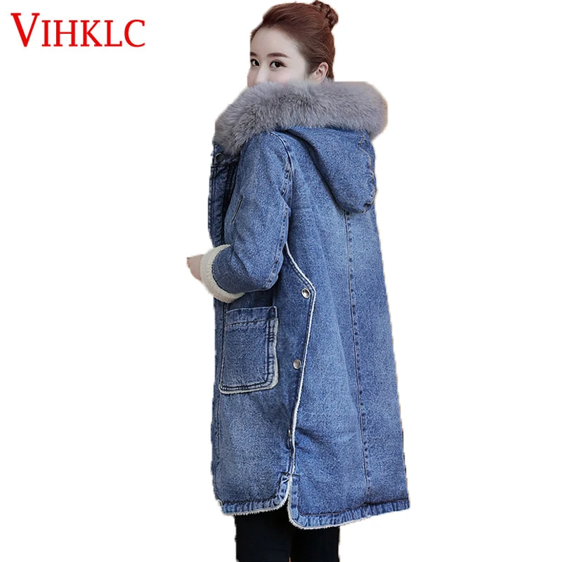 Женское джинсовое пальто, новинка, зимнее, повседневное, свободное, с принтом, из кусков, плюс бархат, толстая верхняя одежда, топы, теплая, длинная, Джинсовая, стеганая куртка B932