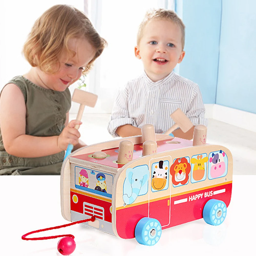 

Wooden Bus Musical Toys Musical Instruments Kids Toys Xylophone Educational Toy Multifunctional Drag Bus Pounding Hammer Toy