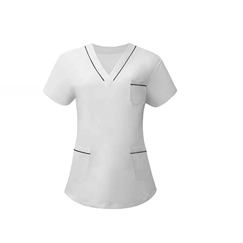 Women's Fashion Medical Uniforms Pure Cotton Color Blocking V Neck Side Vent Shirt or Trousers with Elastic Waist and Drawstring