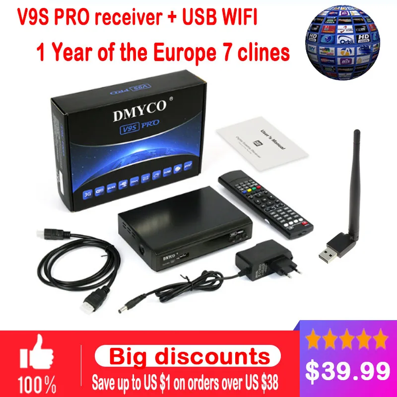 

1 Year Europe 7 code Server Stable V9S PRO DVB-S2 Satellite Receiver H.264 MPEG-5 Support powervu bisskey Xtreamcodes IPTV V9S