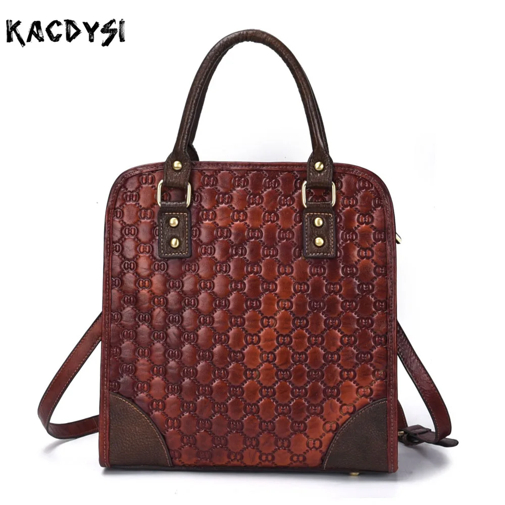Nature Cowhide Leather Embossing Women Handbag Retro Large Female