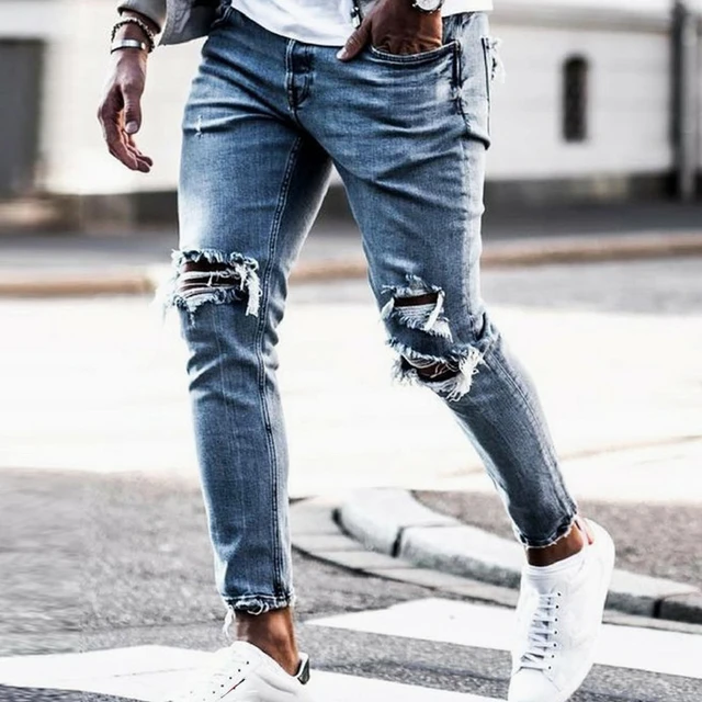 Nuevo Skinny Jeans hombres Streetwear arrancó Jeans Homme Hip Hop roto modis Hombre de