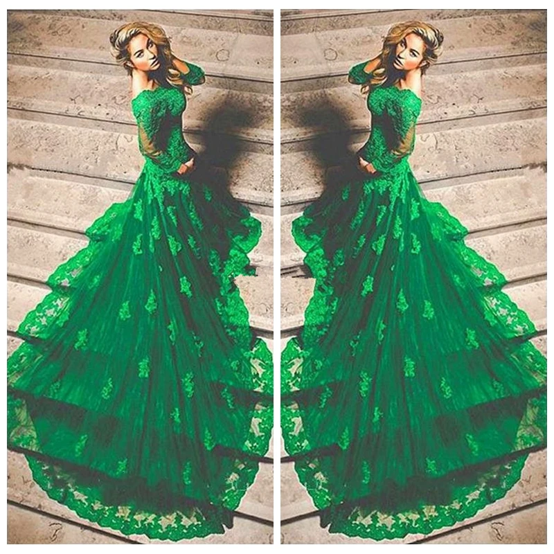 

Modest 2017 Elegant Long Sleeve Green Mermaid Prom Dresses Formal Party Evening Gowns With Sleeves Long Lace Appliques