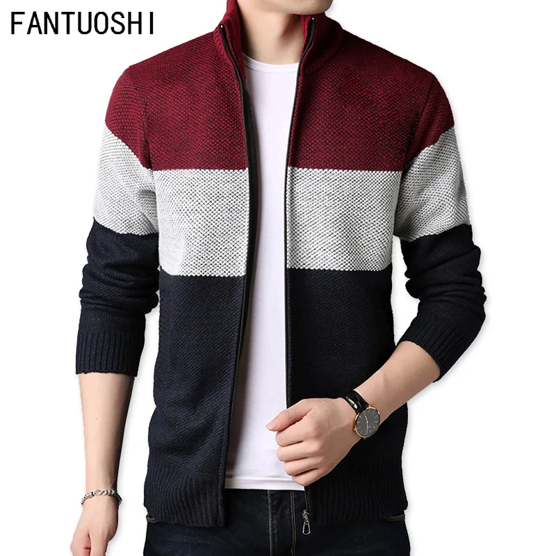 

2019 New Autumn Men's Knitted Sweaters fashion Long sleeve stand Collar Male Cardigan stitching Sweaters casual Coat Brand Men's