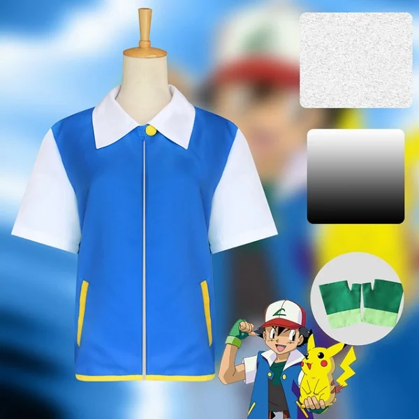 Аниме покемон косплей Ash Ketchum косплей костюм синяя куртка шляпа перчатки Poke Ball полный комплект костюмы на Хэллоуин - Цвет: Jacket and Gloves