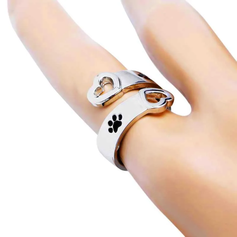 I will love you forever Pet paw prints rings Pet lover Dog Cat Memorial black Enamel Ring men Cute Puppy Paw Ring Jewelry couple 3
