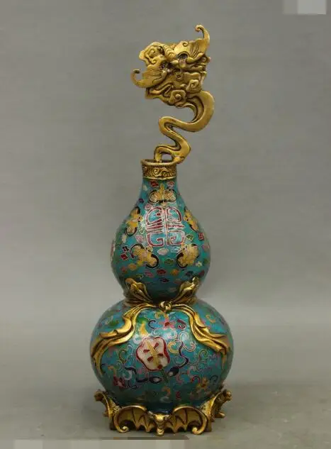 

S6651 14" Chinese Buddhism Talisman Bronze Cloisonne Enamel Bat Gourd Vase Pot Statue D0318