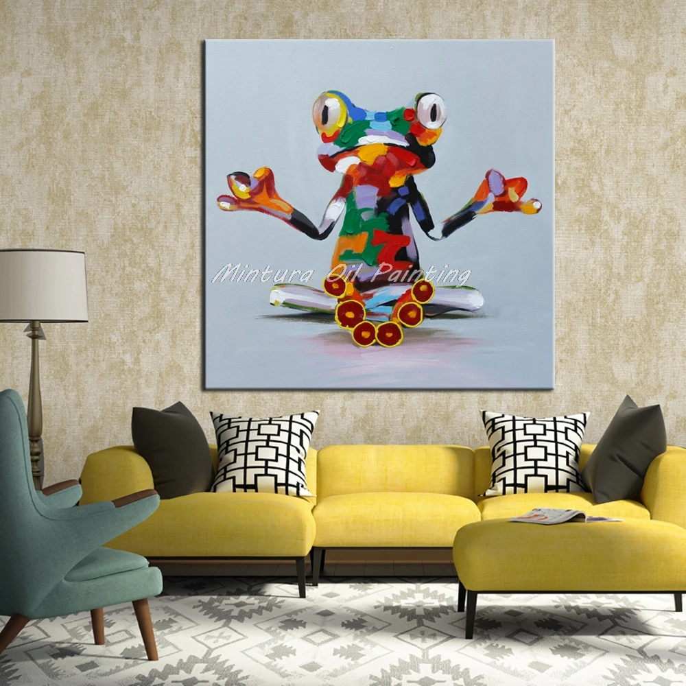 New! Large Hand Painted Modern Abstract Cartoon Animal Oil Painting On Canvas Music Frog Wall Art For Children's Room Home Decor - Цвет: MT106186