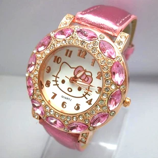 Hot Sales Lovely Hello Kitty Watches Children Girls Women Fashion Crystal Dress Quartz Wristwatches