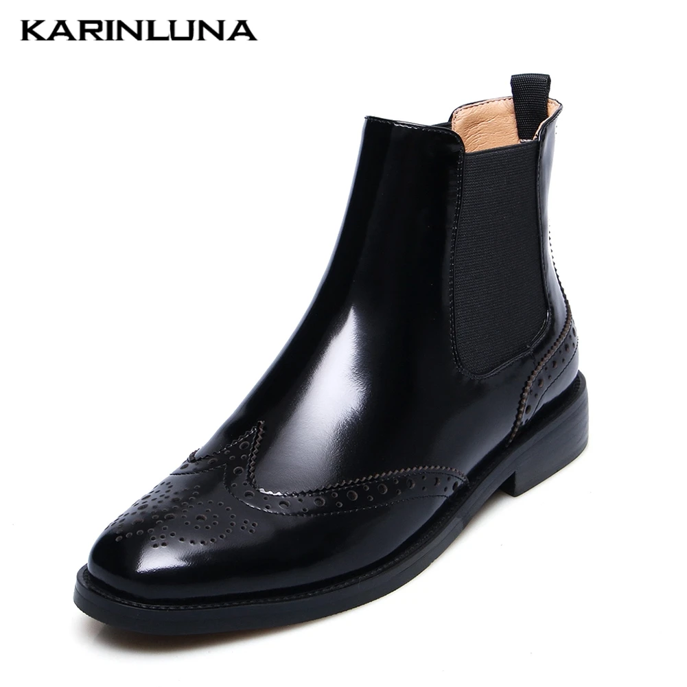 

Karinluna Brand Design Large Size 45 Genuine Leather Ankle Boots Women Shoes Fashion Brogue Chelsea Boots Female Shoes Woman