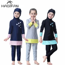 Muslim Swimwear Swimsuits Arab Long-Sleeve Burkinis Islamic Kids Children Haofan Beach-Wear