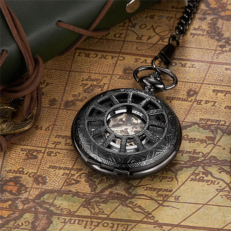 Luxury Vintage Men Skeleton Black Watches Waterproof Pocket Mechanical Watch With Chain Men Necklace Pocket & gift reloj hombre