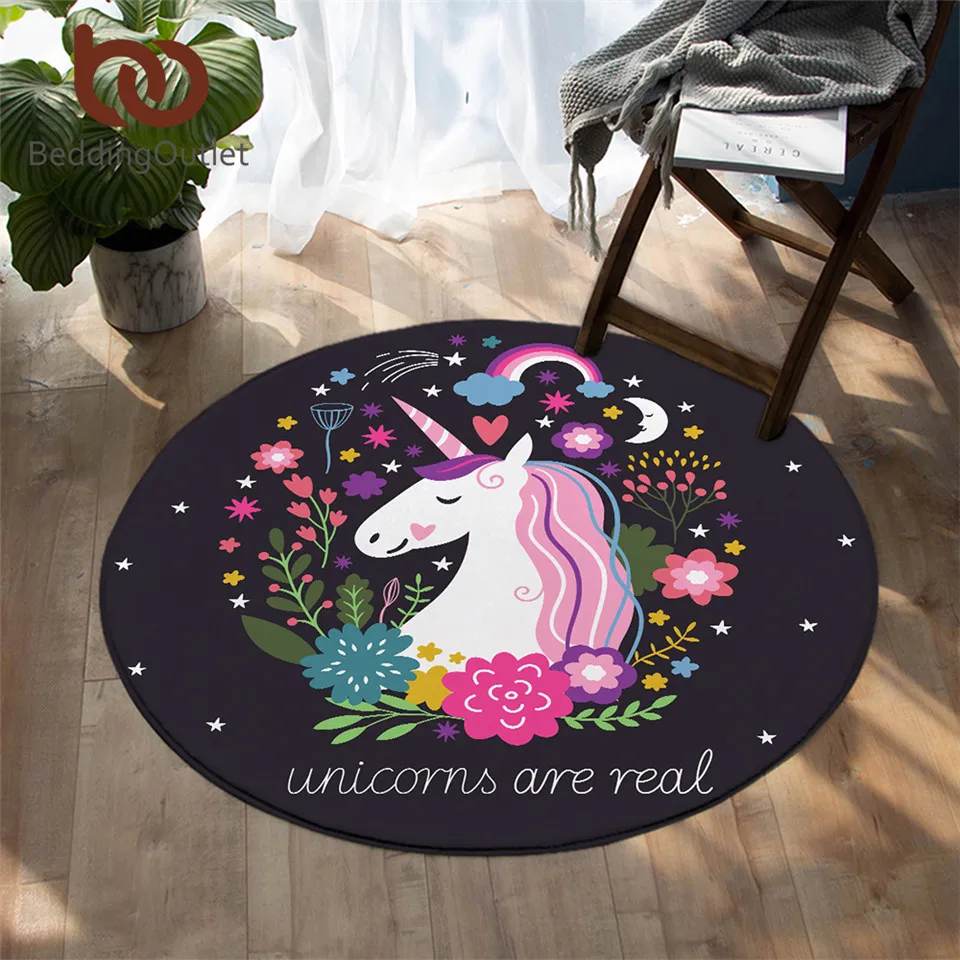 

BeddingOutlet Rainbow Unicorn Bedroom Carpets Cartoon Round Area Rug for Living Room Floral Girly Floor Rug Play Mat 150cm