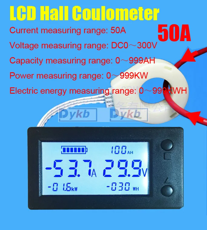 DC 300V +-50A монитор батареи 6в1 цифровой ЖК-дисплей датчик Холла Вольтметр Амперметр